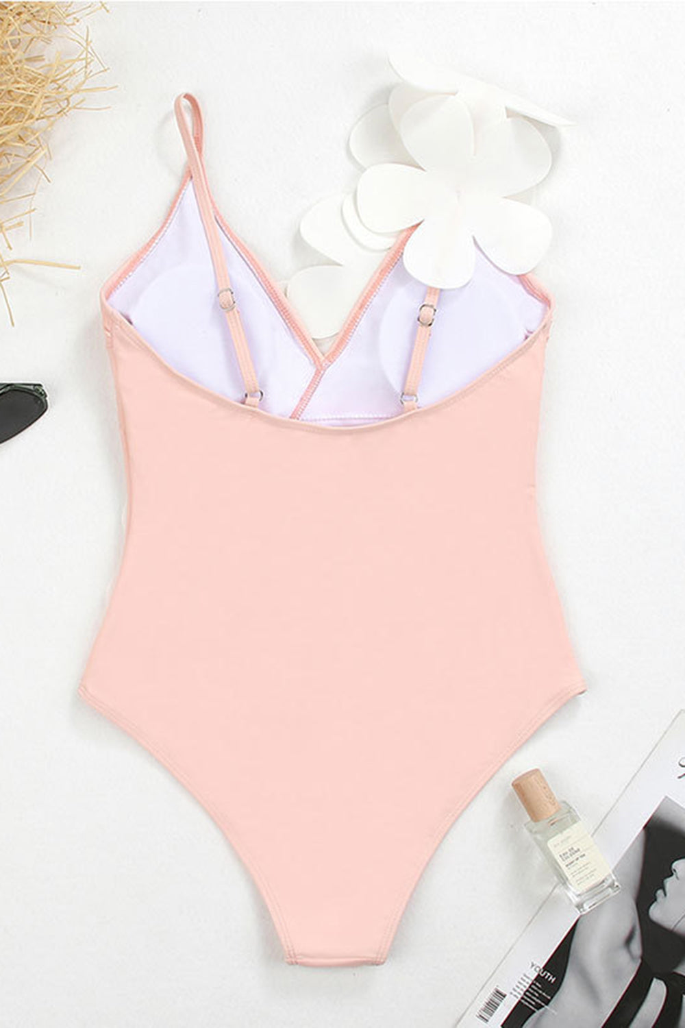 Noir Blanc Une pièce Col V Maillot de Bain de Plage avec Fleurs 3D