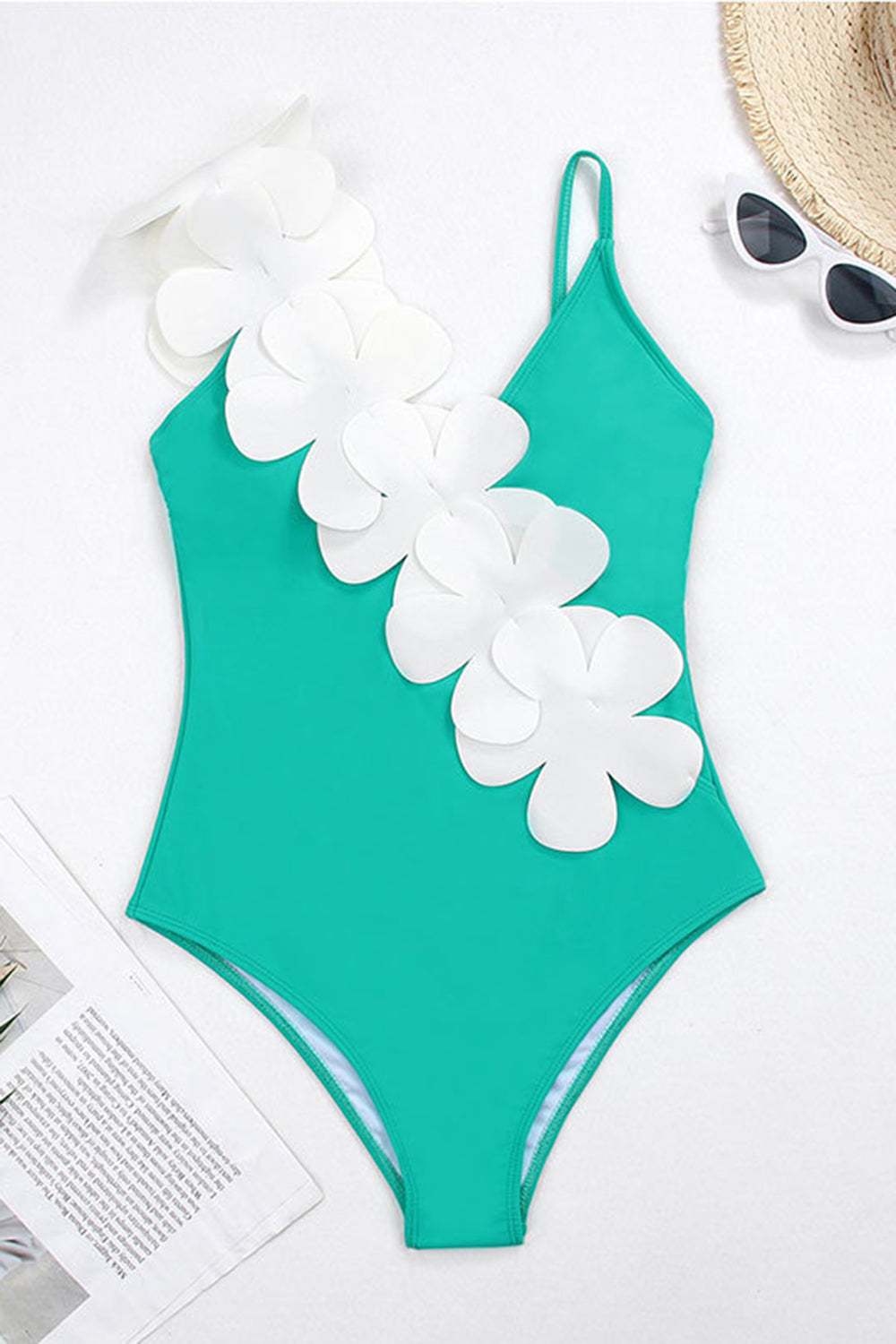 Noir Blanc Une pièce Col V Maillot de Bain de Plage avec Fleurs 3D