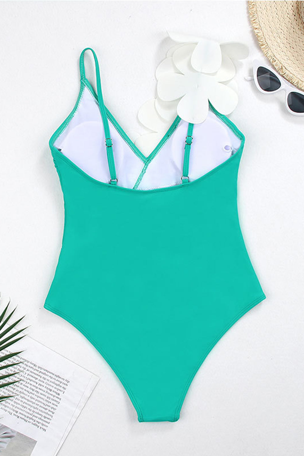 Noir Blanc Une pièce Col V Maillot de Bain de Plage avec Fleurs 3D