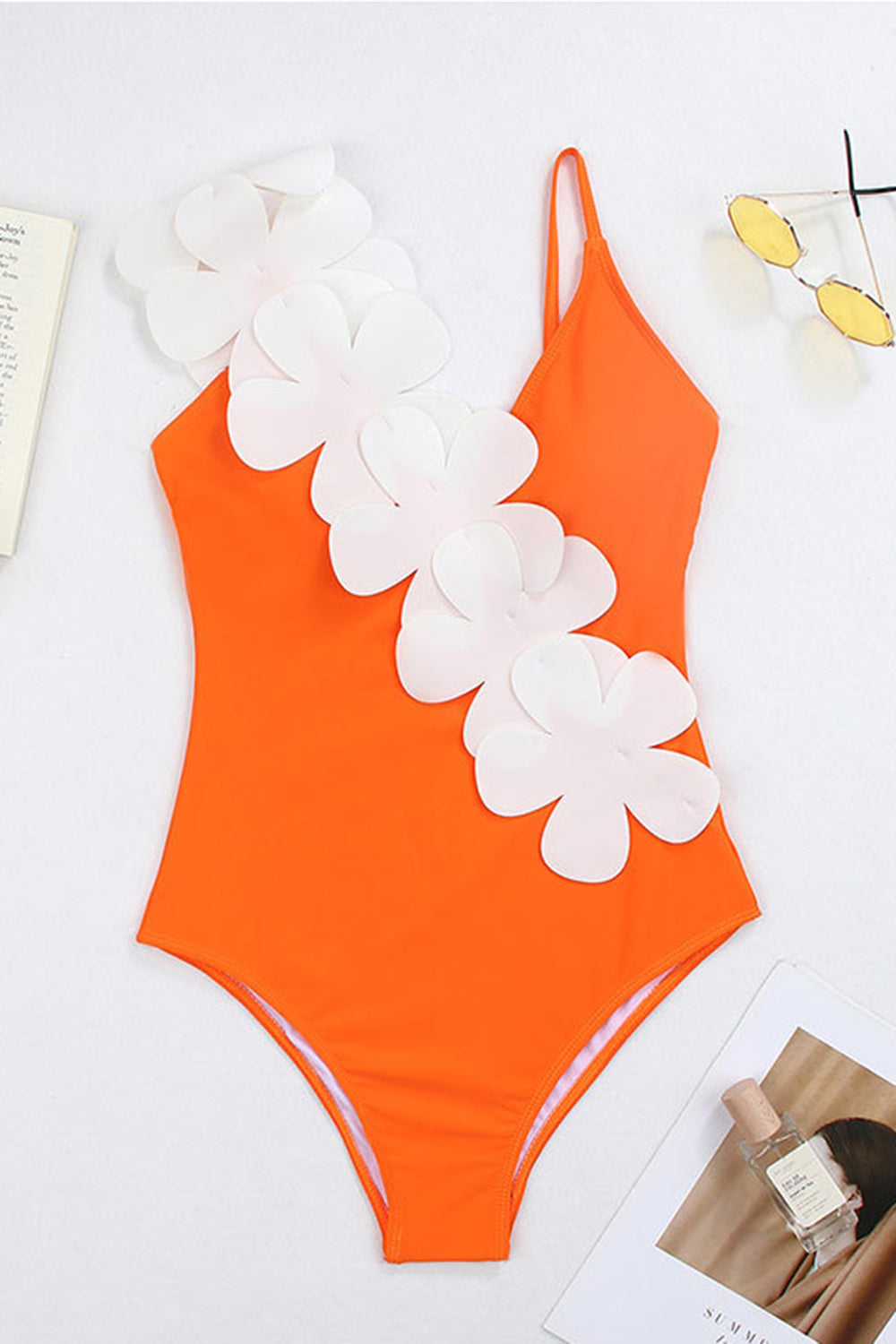 Noir Blanc Une pièce Col V Maillot de Bain de Plage avec Fleurs 3D