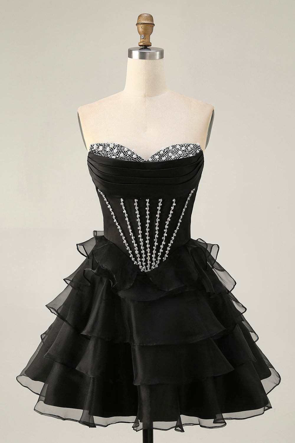 Corset sans bretelles noir à plusieurs niveaux Robe de cocktail avec perles