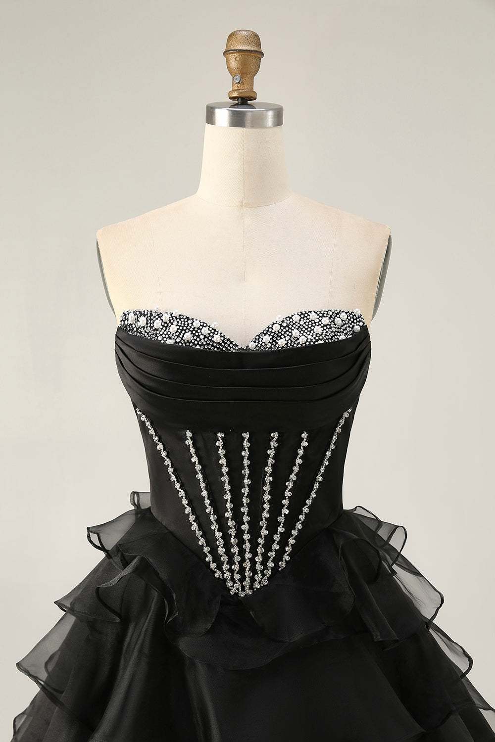 Corset sans bretelles noir à plusieurs niveaux Robe de cocktail avec perles