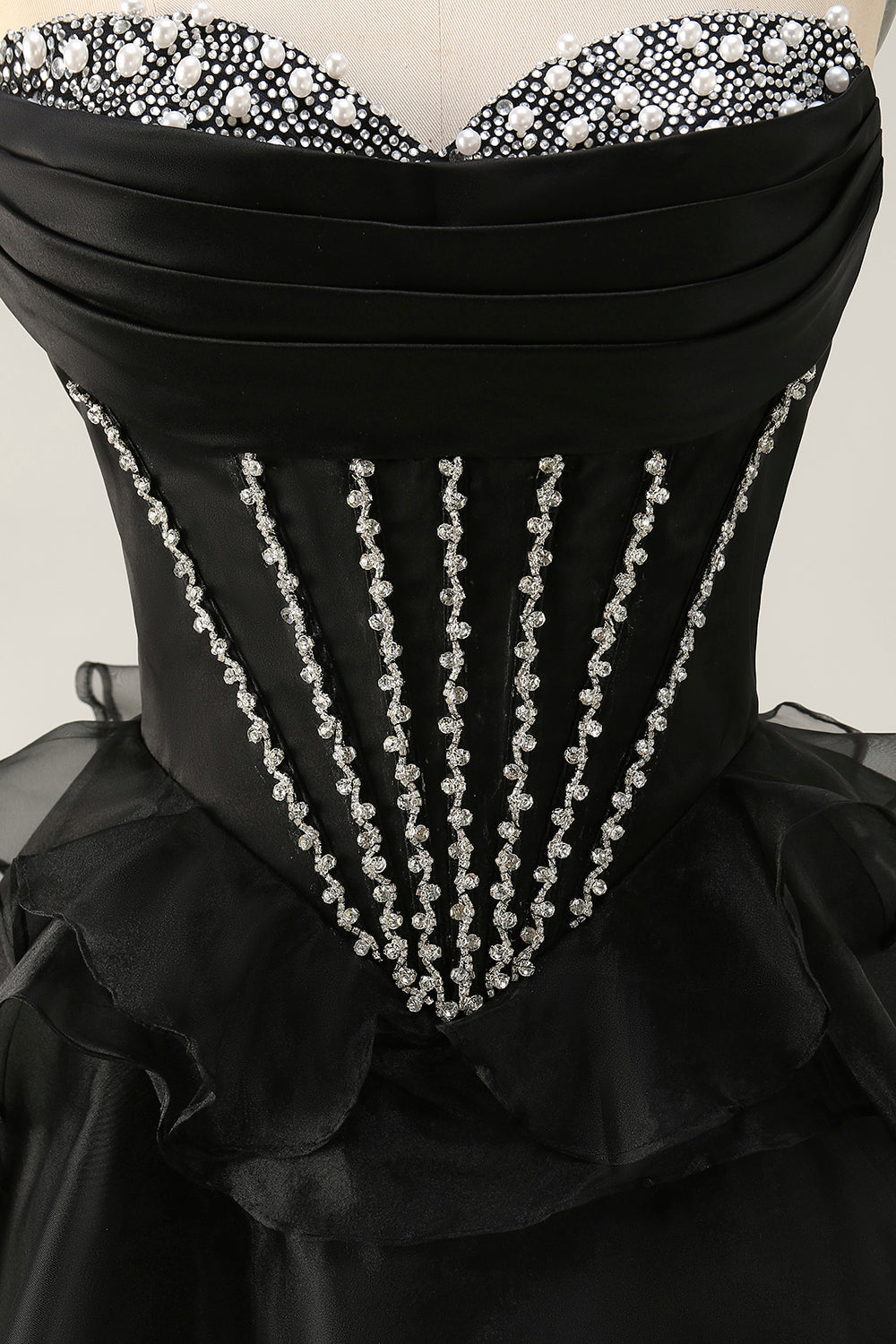 Corset sans bretelles noir à plusieurs niveaux Robe de cocktail avec perles