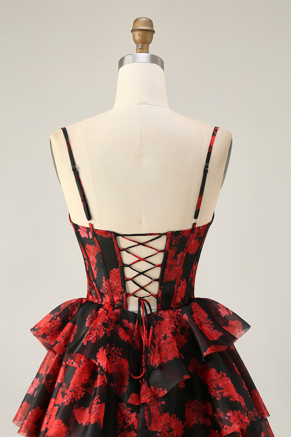 Noir Rouge Une ligne Corset col bénitier Robe de cocktail à plusieurs niveaux