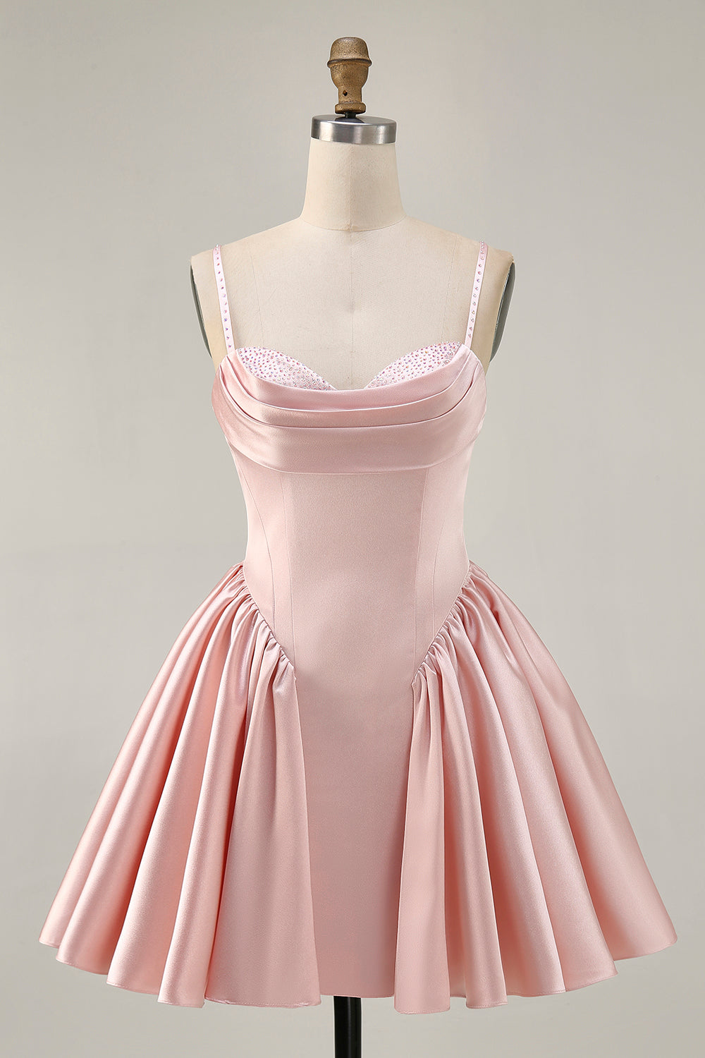 Fard à joues col bénitier bretelles spaghetti trapèze perlé satin robe de bal