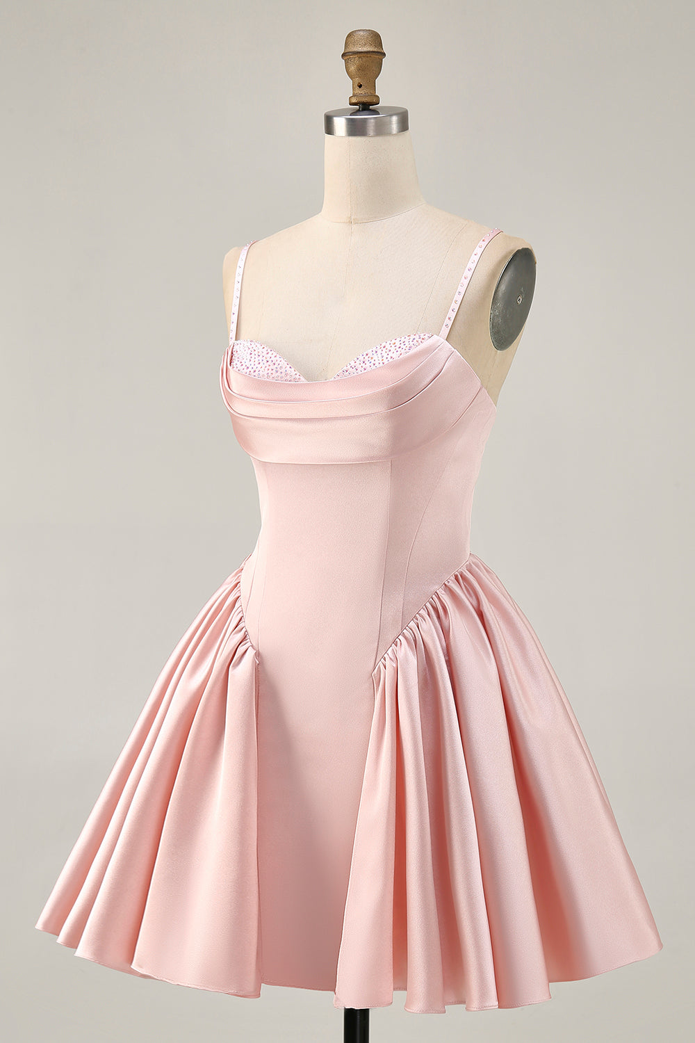 Fard à joues col bénitier bretelles spaghetti trapèze perlé satin robe de bal