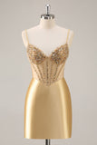 Corset doré Moulante Perles Courte Robe de Retrouvailles