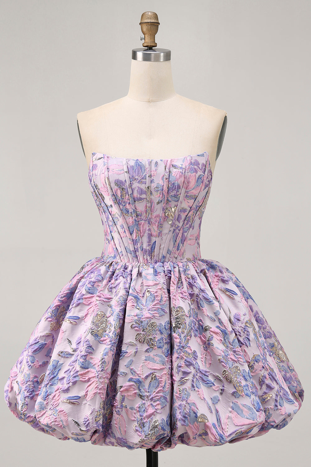 Bustier violet brocart a-ligne corset mini robe de bal avec ourlet à bulles