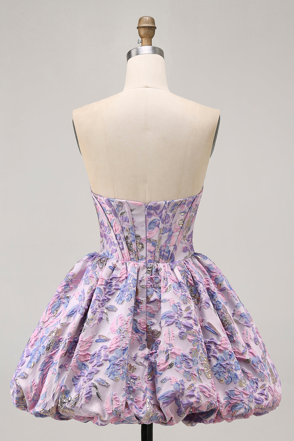 Bustier violet brocart a-ligne corset mini robe de bal avec ourlet à bulles