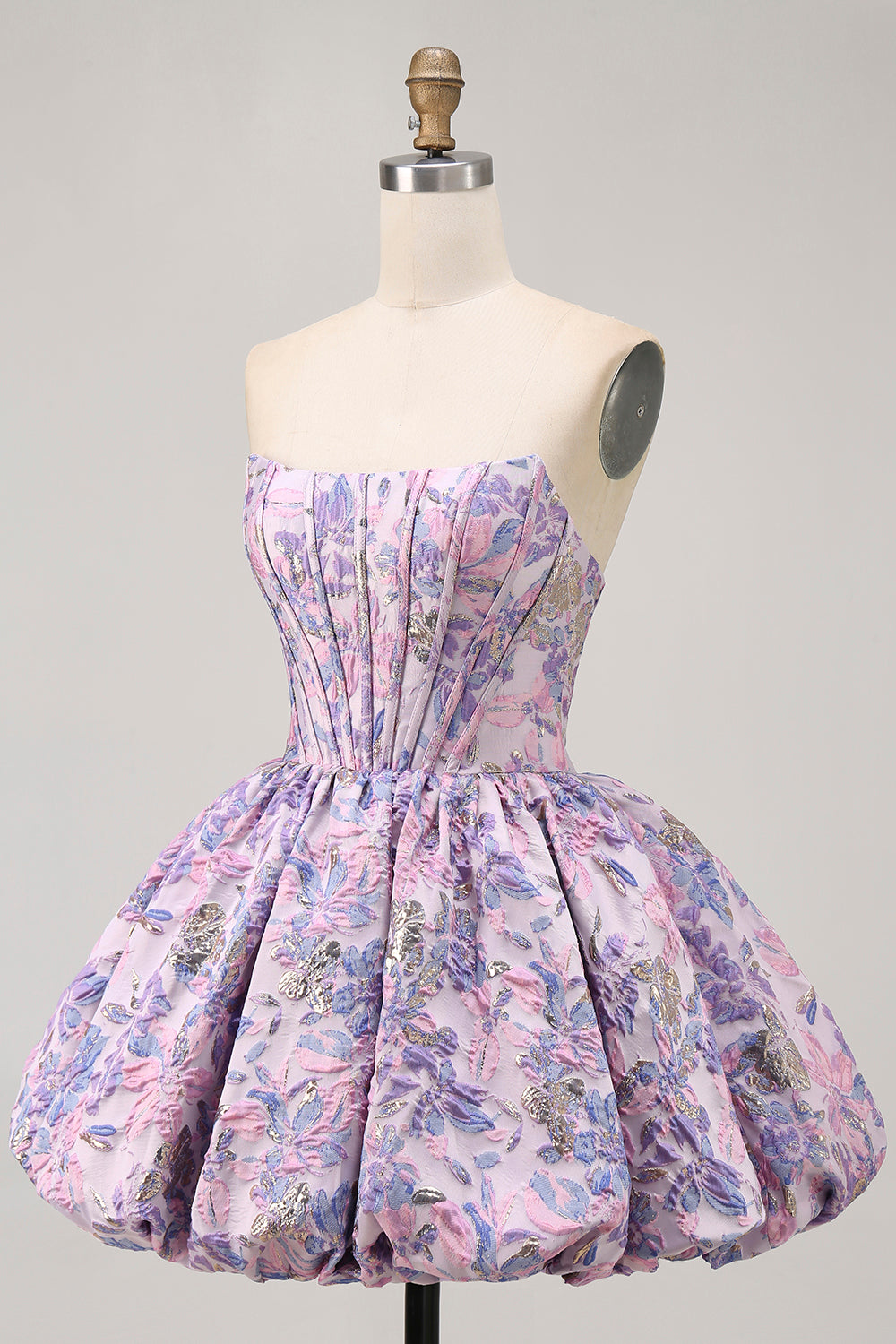 Bustier violet brocart a-ligne corset mini robe de bal avec ourlet à bulles