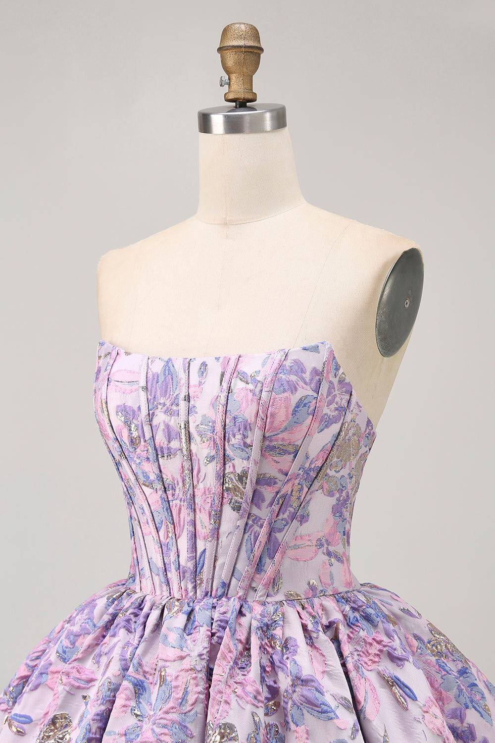Bustier violet brocart a-ligne corset mini robe de bal avec ourlet à bulles