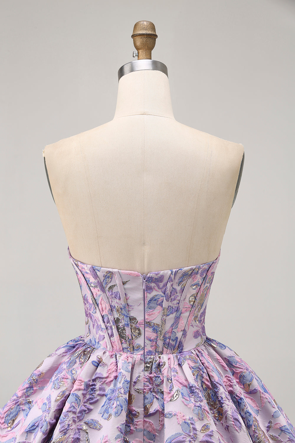 Bustier violet brocart a-ligne corset mini robe de bal avec ourlet à bulles
