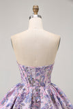 Bustier violet brocart a-ligne corset mini robe de bal avec ourlet à bulles
