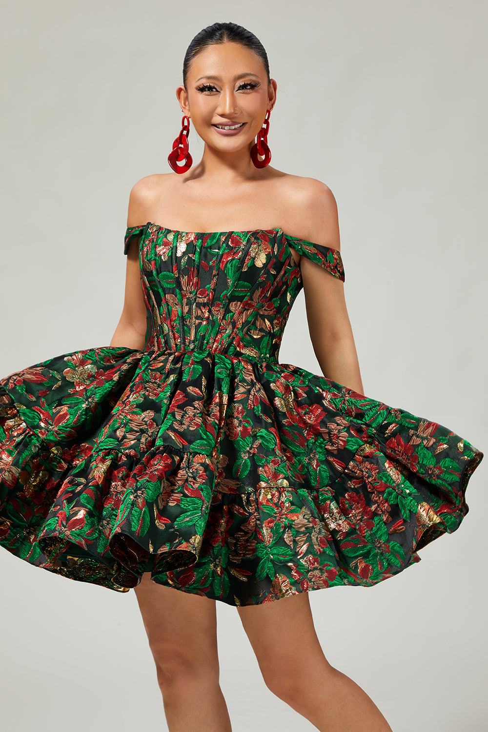 Épaule dénudée brocart vert foncé floral une robe de bal imprimée en ligne