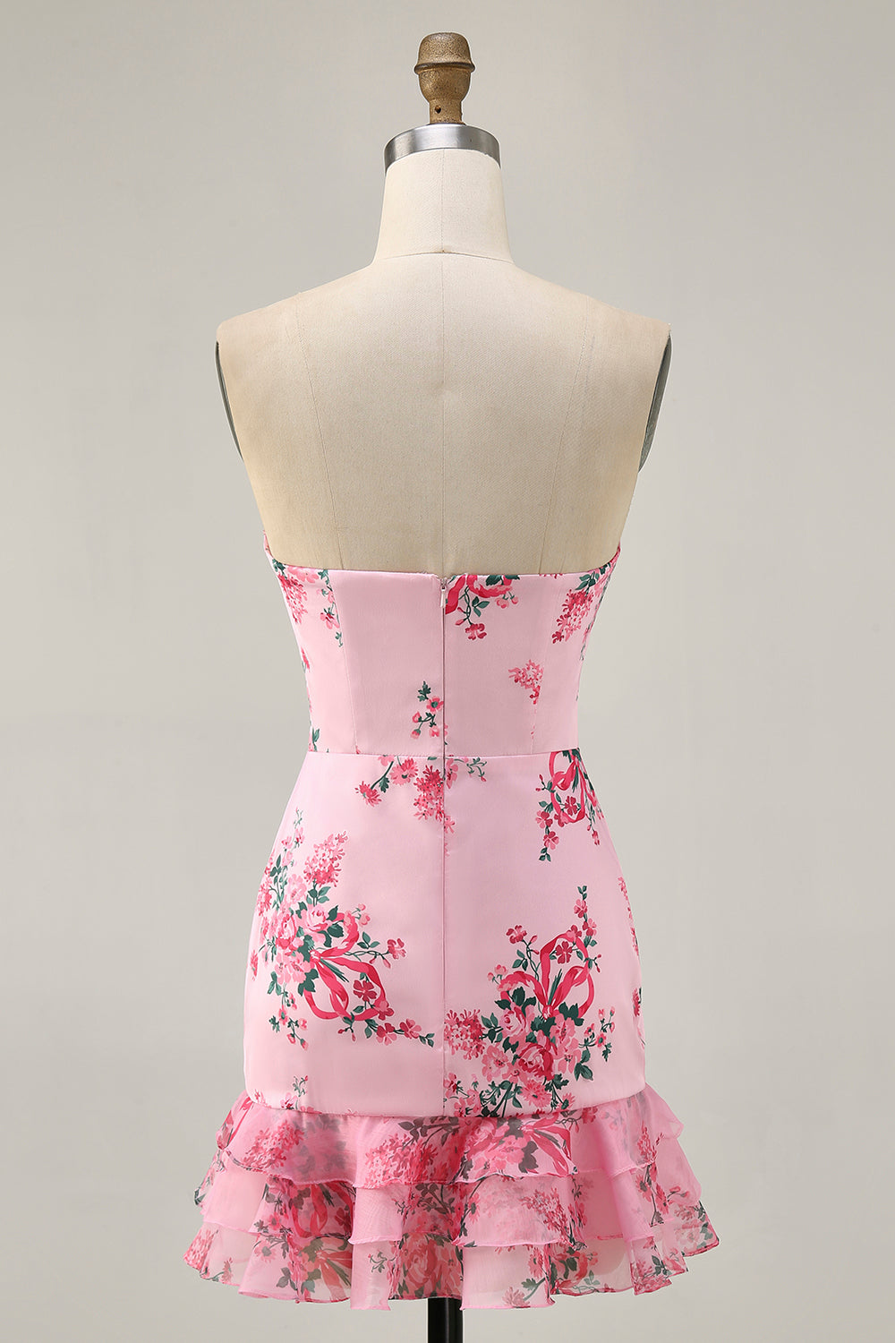 Robe courte de bal imprimée sans bretelles florale rose avec volants