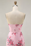 Robe courte de bal imprimée sans bretelles florale rose avec volants