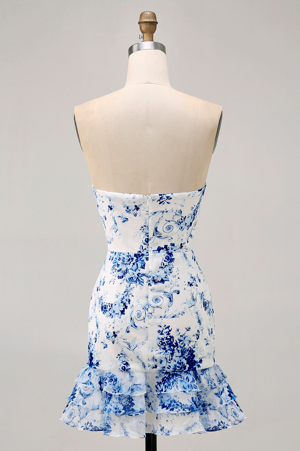 Robe courte de bal imprimée sans bretelles florale rose avec volants