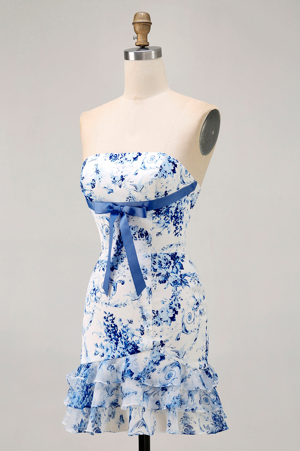 Robe courte de bal imprimée sans bretelles florale rose avec volants