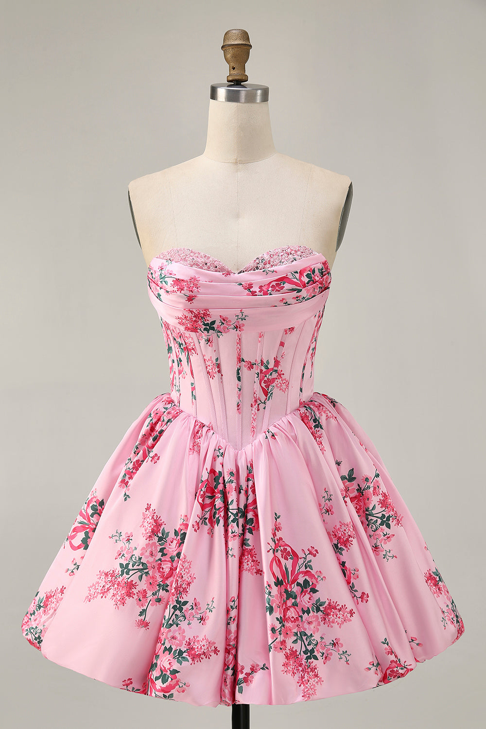 Robe de bal imprimée trapèze sans bretelles blanc bleu fleur avec perles