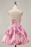 Robe de bal imprimée trapèze sans bretelles blanc bleu fleur avec perles