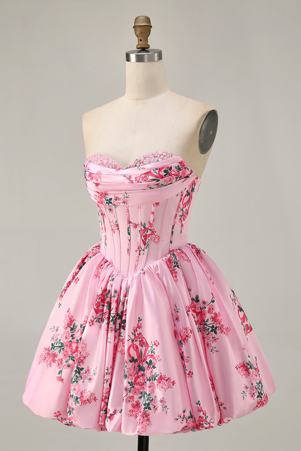 Robe de bal imprimée trapèze sans bretelles blanc bleu fleur avec perles
