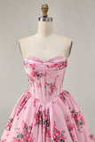 Fleur rose A-ligne bretelles imprimée Homecoming Dress avec perles