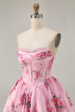 Fleur rose A-ligne bretelles imprimée Homecoming Dress avec perles