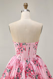 Fleur rose A-ligne bretelles imprimée Homecoming Dress avec perles