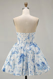 Robe de bal imprimée trapèze sans bretelles blanc bleu fleur avec perles