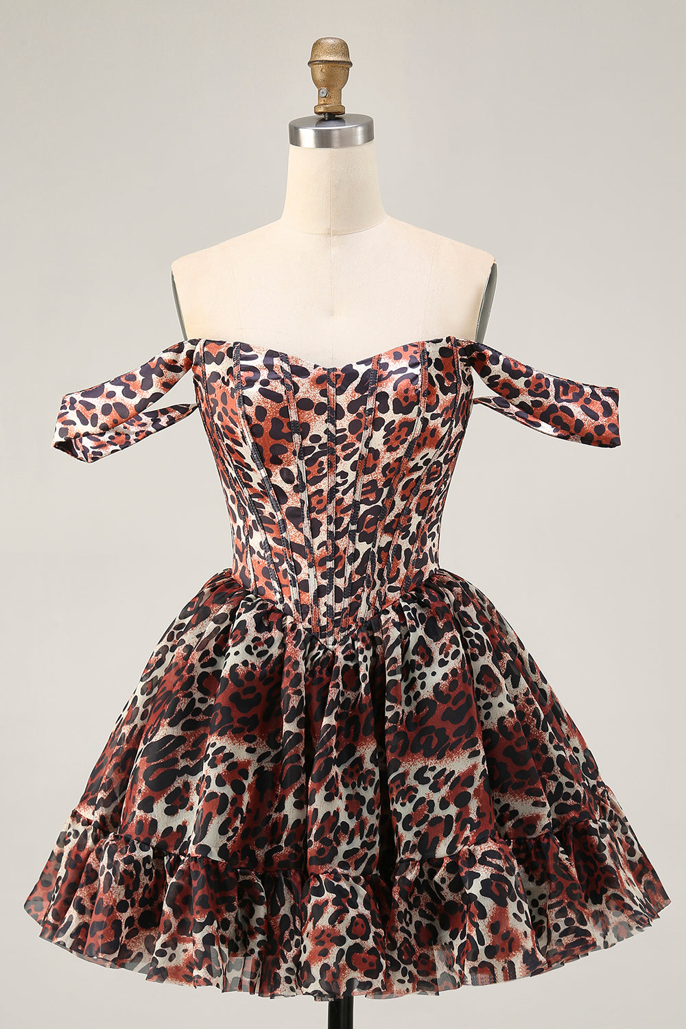 Robe de cocktail courte trapèze style corset à épaules dénudées et imprimé léopard kaki