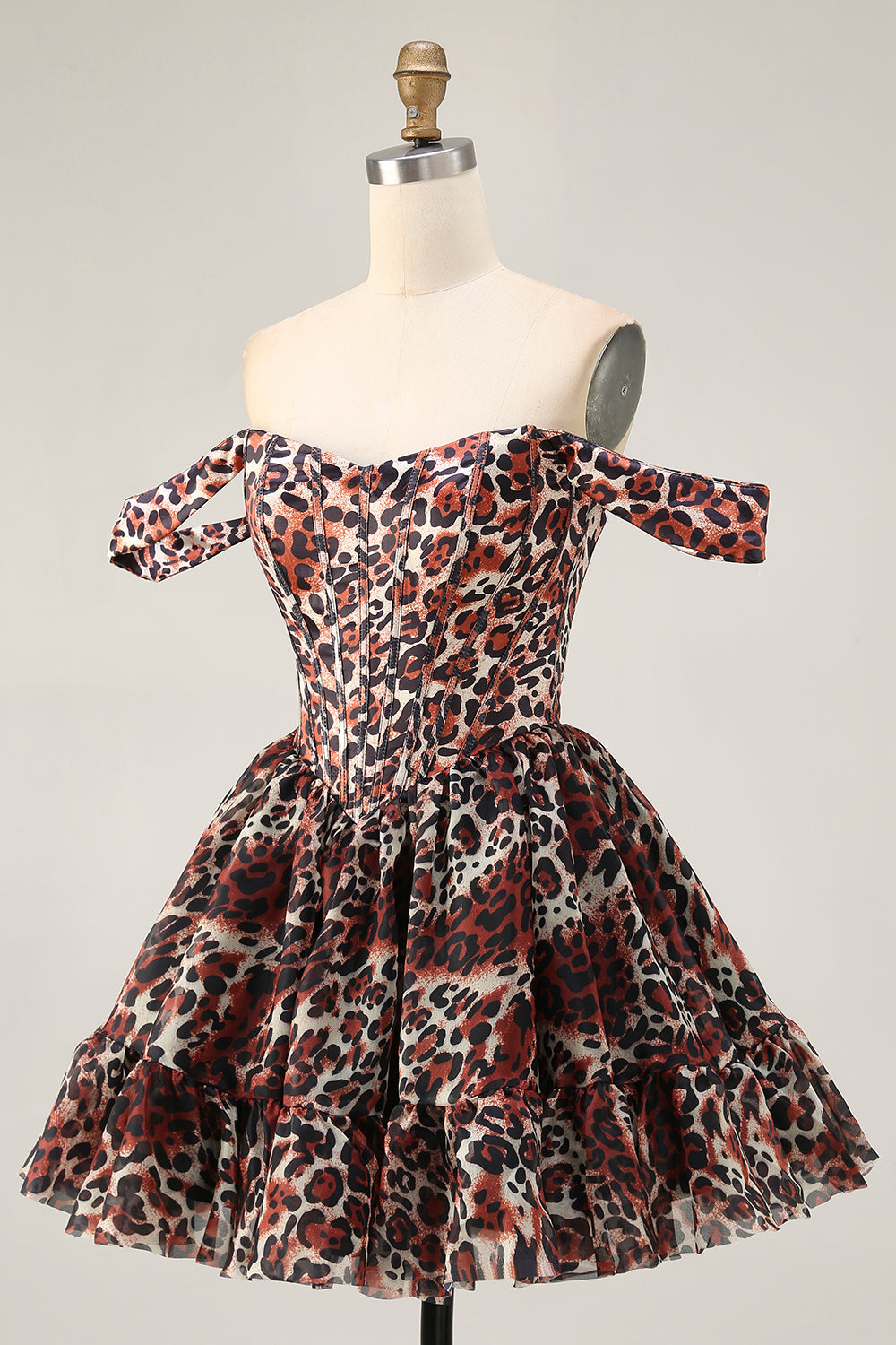 Robe de cocktail courte trapèze style corset à épaules dénudées et imprimé léopard kaki