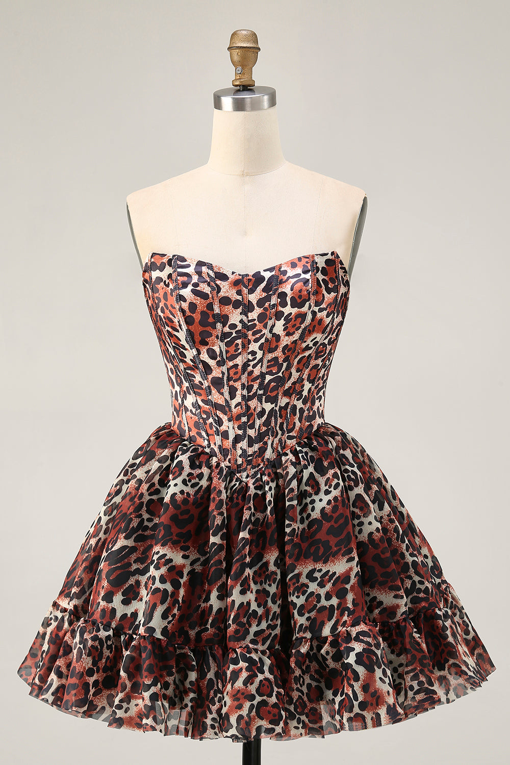 Robe de cocktail courte trapèze style corset à épaules dénudées et imprimé léopard kaki