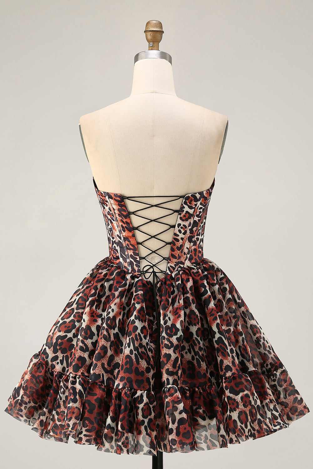 Robe de cocktail courte trapèze style corset à épaules dénudées et imprimé léopard kaki