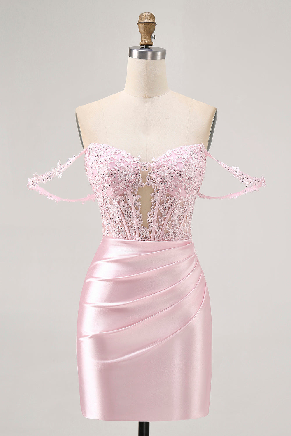 Robe de cocktail corset moulante rose à épaules dénudées