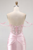 Robe de cocktail corset moulante rose à épaules dénudées