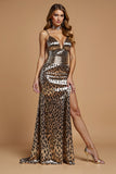 Robe longue de fête de Noël à imprimé guépard doré avec fente