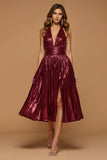 Robe de soirée de vacances en forme de dos nu métallisé bordeaux scintillant avec fente