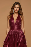 Robe de soirée de vacances en forme de dos nu métallisé bordeaux scintillant avec fente