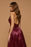 Robe de soirée de vacances en forme de dos nu métallisé bordeaux scintillant avec fente