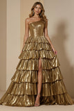Robe longue de fête de Noël à volants métalliques dorés scintillants