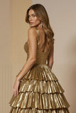 Robe longue de fête de Noël à volants métalliques dorés scintillants