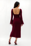 Robe longue de soirée de vacances en velours fourreau bordeaux avec appliques