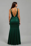 Robe longue de fête de Noël à col en V sirène vert foncé scintillante avec fente