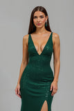 Robe longue de fête de Noël à col en V sirène vert foncé scintillante avec fente