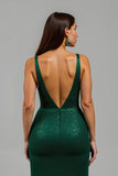 Robe longue de fête de Noël à col en V sirène vert foncé scintillante avec fente