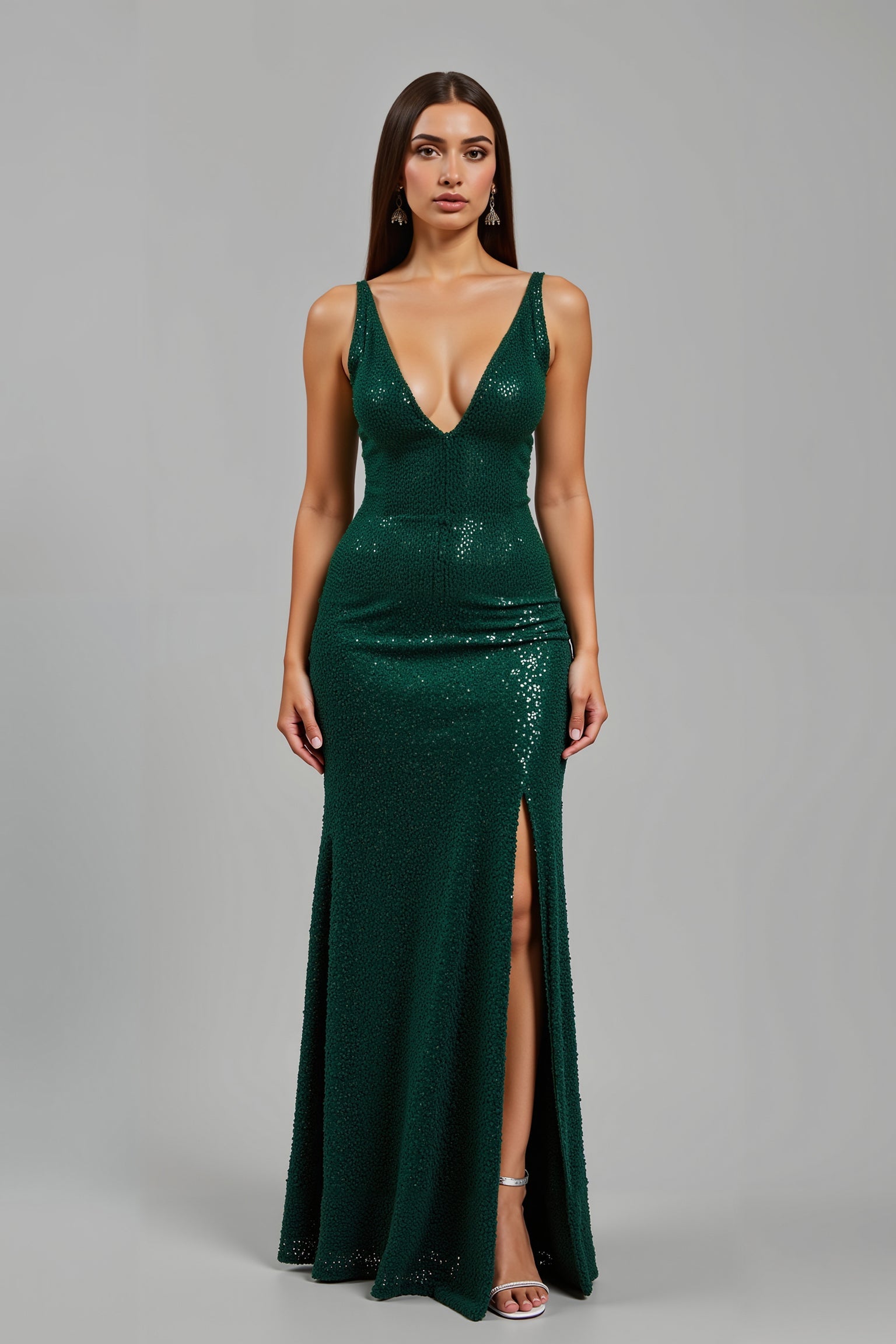 Robe longue de fête de Noël à col en V sirène vert foncé scintillante avec fente