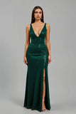 Robe longue de fête de Noël à col en V sirène vert foncé scintillante avec fente