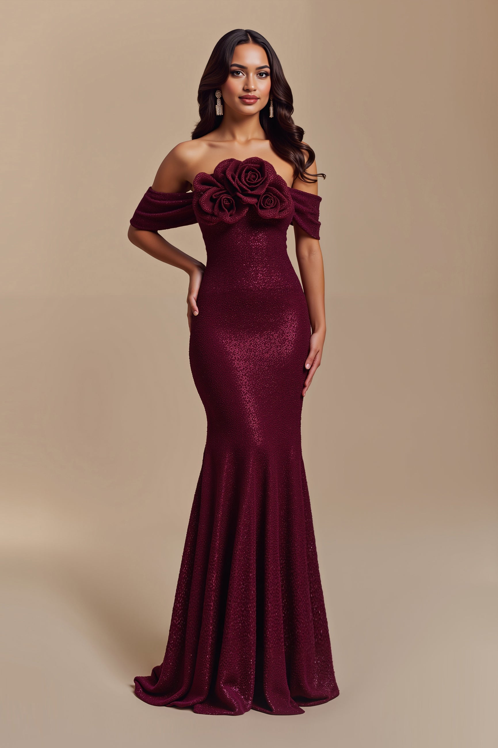 Robe de soirée longue fleurie sirène sirène bordeaux scintillante