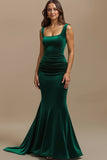 Robe de soirée longue de vacances sirène en velours vert foncé à col carré
