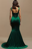 Robe de soirée longue de vacances sirène en velours vert foncé à col carré